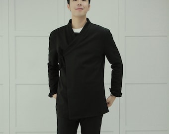 Hanbok Shirt for Men, Korean Modern Hanbok Top Jacket Casual Party Clothing, Modernized Daily Hanbok Shirt in Black