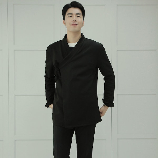 Hanbok Shirt for Men, Korean Modern Hanbok Top Jacket Casual Party Clothing, Modernized Daily Hanbok Shirt in Black