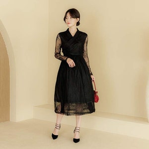 Hanbok Women Black Lace Dress, Korean Modern Hanbok Wrap Style Long Dress, Korea Modernized Daily Casual Party Hanbok Lace Dress