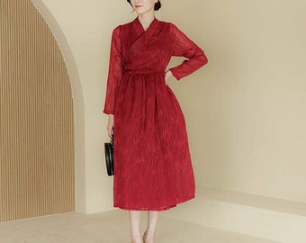Hanbok Women Dress, Korean Modern Hanbok Wrap Style Long Sleeve Dress, Korea Modernized Daily Casual Party Hanbok Dress Red Color
