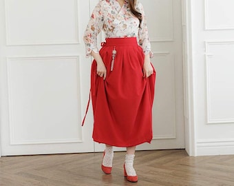 Hanbok damska spódnica kopertowa, piękna koreańska nowoczesna Hanbok swobodna sukienka na imprezę odzież dla kobiet, koreańska zmodernizowana codzienna spódnica Hanbok czerwona