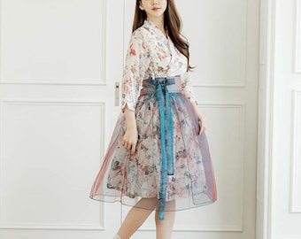 Hanbok Women Dress, Korean Modern Hanbok Wrap Style See Through Sleeve Long Dress, Korea Modernized Party Hanbok Dress