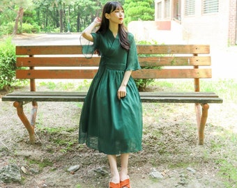 Hanbok Women Short Sleeve Dress, Korean Modern Hanbok Wrap Style Chiffon Dress, Korea Modernized Daily Casual Party Hanbok Dress