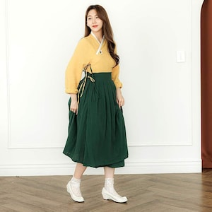 Hanbok Women Dress, Korean Modern Hanbok Wrap Style Dress, Korea Modernized Daily Casual Party Long Sleeve Hanbok Dress Yellow Green Color