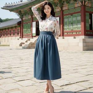 Hanbok Wrap Skirt for Women, Korean Modern Hanbok Skirt in Navy, Elegant Casual Party Dress, Modernized Daily Hanbok Clothing