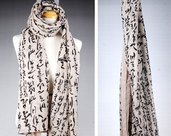 Hangeul Scarf, Hangeul Print Korean Wrap Shawl Scarf, Korea alphabet Hangeul Korean Language Printed Fabric Scarf in Beige Color