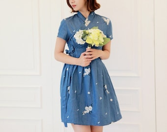 Hanbok Women Dress, Korean Modern Hanbok Wrap Style Short Sleeve Dress, Korea Modernized Daily Casual Party Hanbok Mini Dress Blue Color