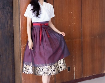 Saia Hanbok Feminina Wrap, Estampa em Folha de Ouro Coreano Moderno Hanbok Vestido de Festa Casual para Mulheres, Saia Hanbok Coreana Modernizada Diária Borgonha