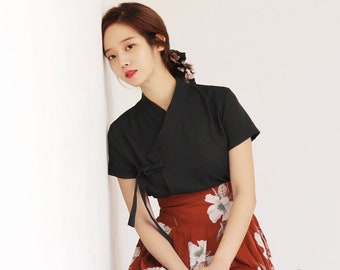 Hanbok Women Short Sleeve Blouse Jeogori Top, Korean Modern Hanbok Casual Party Dress Clothing, Modernized Daily Hanbok Shirt Black
