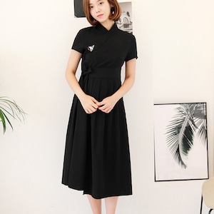 Hanbok Women Dress, Korean Modern Hanbok Wrap Style Short Sleeve Dress, Korea Modernized Daily Casual Party Hanbok Dress Black Color