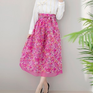 Hanbok Women Elastic Waistband Skirt, Korean Modern Hanbok Skirt Casual Party Dress Clothing for Women, Modernized Daily Hanbok Ramie Skirt