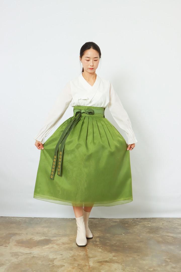Hanbok Women Wrap Skirt, Soft Green Korean Modern Hanbok Long