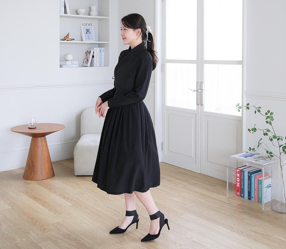 Black Hanbok Dress, Korean Modern Hanbok Wrap Style Long Dress, Korea Modernized Daily Casual Party Long Sleeve Hanbok Dress