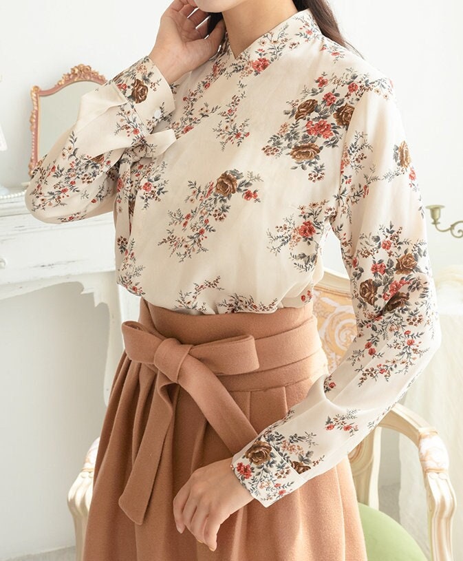 Hanbok Women Blouse Jeogori Top, Flower Pattern Korean Modern