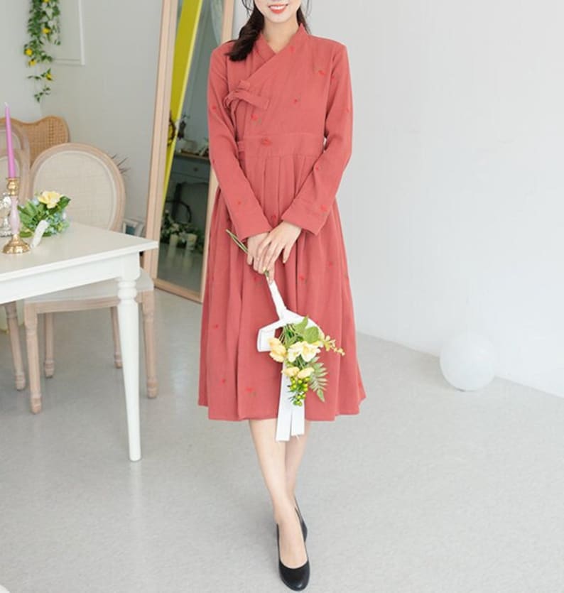 korean modern dress style Hanbok Women Dress, Korean Modern Hanbok Wrap Style Long Sleeve Dress, Korea Modernized Daily Casual Party Hanbok Dress Navy Color