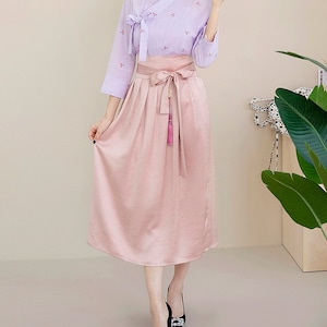 Hanbok Women Elastic Waistband Satin Skirt, Korean Modern Hanbok Skirt Casual Party Dress Clothing for Women, Modernized Daily Hanbok Skirt
