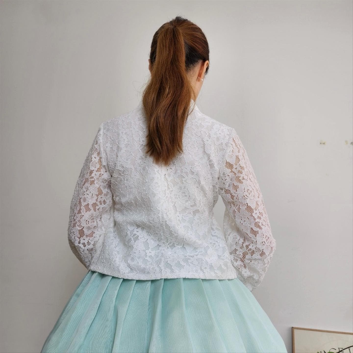 Flower Pattern Lace Hanbok Blouse Jeogori Top, Korean Modern
