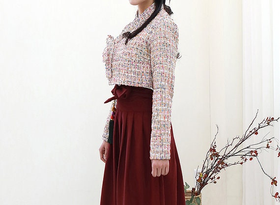 Hanbok Women Tweed Short Jacket Jeogori Top, Korean Modern