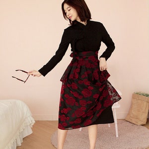Hanbok Women Skirt, Korean Modern Hanbok Flower Mesh Skirt with Elastic Waistband, Casual Party Dress Clothing for Women
