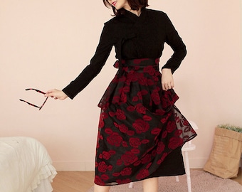Hanbok Women Skirt, Korean Modern Hanbok Flower Mesh Skirt with Elastic Waistband, Casual Party Dress Clothing for Women