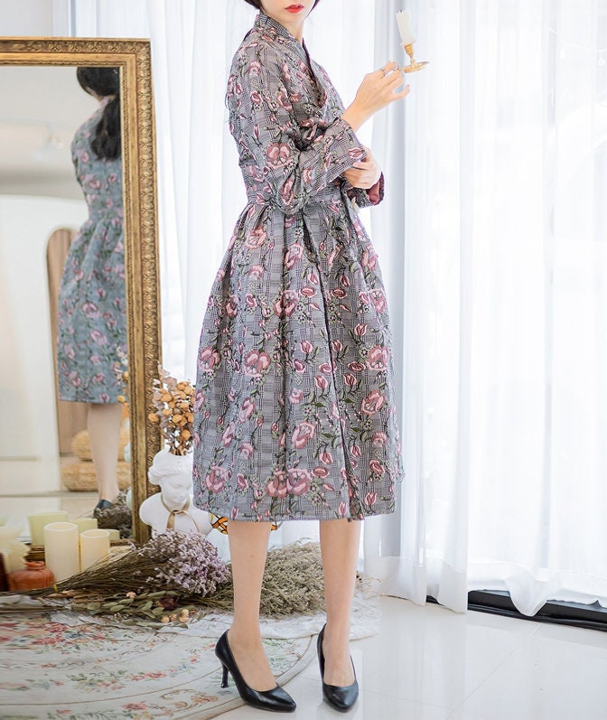 Hanbok Women Tulip Pattern Dress, Korean Modern Hanbok Wrap Style Midi Dress,  Korea Modernized Daily Casual Party Long Sleeve Hanbok Dress - Etsy