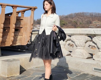 Hanbok Women Wrap Mini Skirt, Black Modern Hanbok Mini Skirt with Gold Leaf Pattern, Korean Concert Party Outfit, Daily Hanbok Skirt