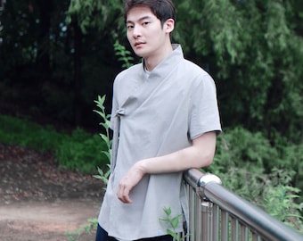 Hanbok Shirt for Men, Korean Modern Hanbok Top Jacket Casual Party Clothing, Modernized Daily Hanbok Short Sleeve Shirt in Gray