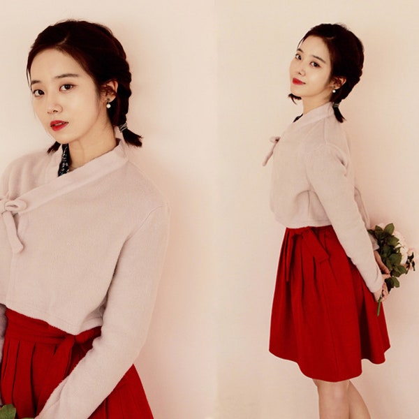 Hanbok Damen Warme Bluse Jeogori Top, Korean Modern Hanbok Casual Party Kleidung, Modernized Daily Hanbok Wolle Shirt für Winter, Rosa Farbe