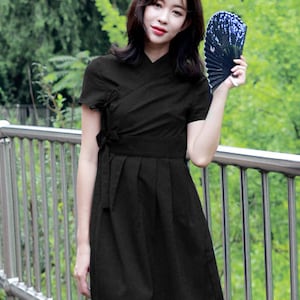 Hanbok Women Dress, Korean Modern Hanbok Wrap Style Short Sleeve Dress, Korea Modernized Daily Casual Party Hanbok Black Mini Dress