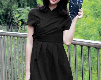 Hanbok Women Dress, Korean Modern Hanbok Wrap Style Short Sleeve Dress, Korea Modernized Daily Casual Party Hanbok Black Mini Dress