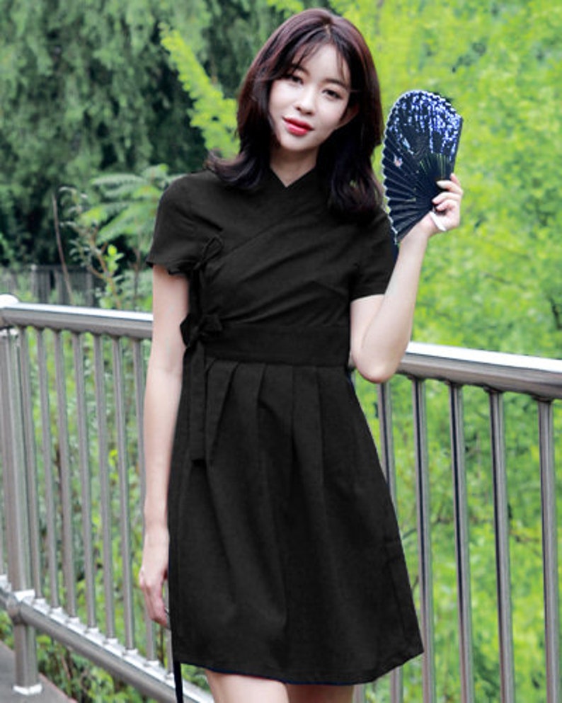 Hanbok Women Dress, Korean Modern Hanbok Wrap Style Short Sleeve Dress, Korea Modernized Daily Casual Party Hanbok Black Mini Dress image 1