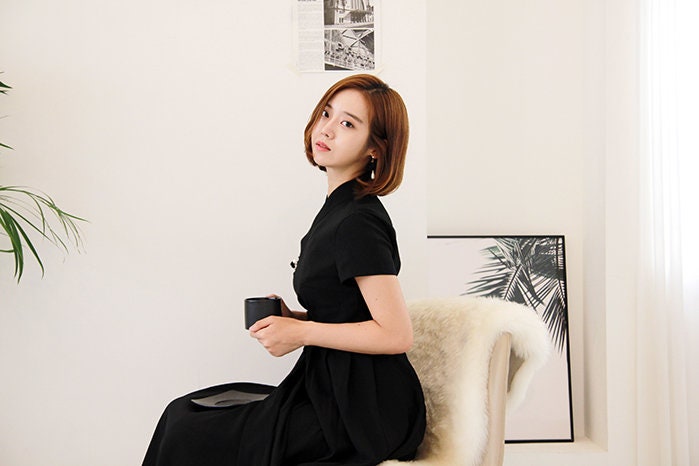 Hanbok Women Dress, Korean Modern Hanbok Wrap Style Short Sleeve Dress, Korea Modernized Daily Casual Party Hanbok Dress Black Color