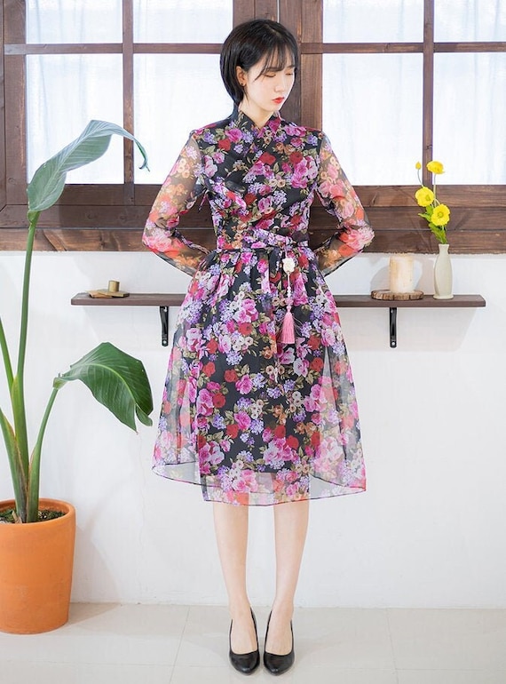 Hanbok Women Dress, Korean Modern Hanbok Wrap Style Floral