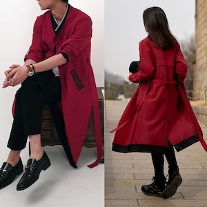 Hanbok Jacket Taegeukgi Durumagi for Unisex, Korean Modern Hanbok Daily Casual Party Outwear Coat for Men / Women, Burgundy Color