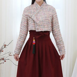 Hanbok Dam Tweed Kort Jacka Jeogori Topp, Koreanska Moderna Hanbok Avslappnade Festkläder för Damer, Moderna Dagliga Hanbok Ytterkläder