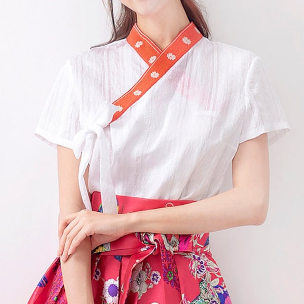Hanbok Women Short Sleeve Blouse Jeogori Top, Korean Modern Hanbok Casual Party Dress for Women, Modernized Daily Hanbok Shirt White