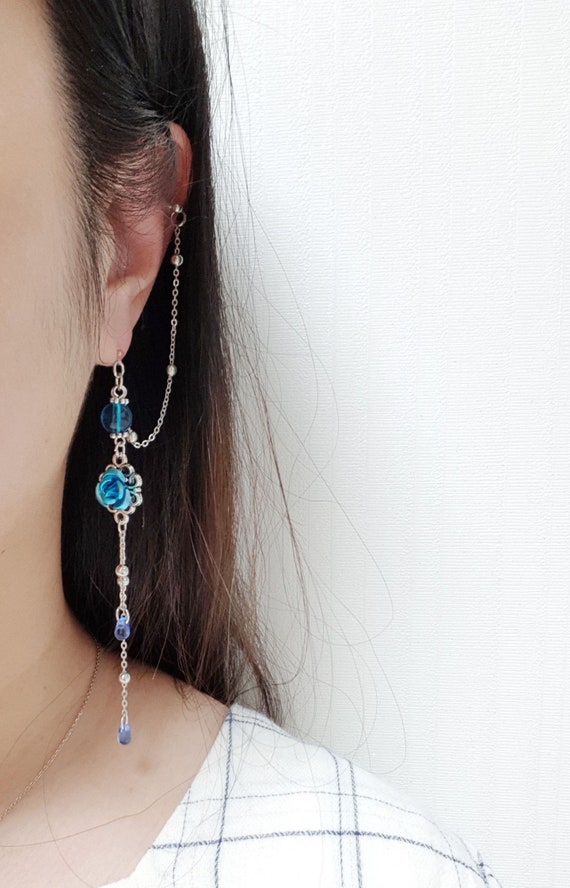 Blue Rose Drop Earrings Ear Cuff, Korean Traditional & Modern