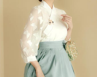 Spódnica Hanbok dla kobiet, piękna koreańska nowoczesna sukienka Hanbok na co dzień, koreańska codzienna długa spódnica Hanbok w kolorze miętowym