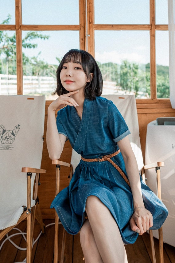 Hanbok Women Short Sleeve Tencel Denim Mini Dress with Belt, Korean Modern Hanbok Wrap Style Dress, Modernized Daily Casual Party Hanbok