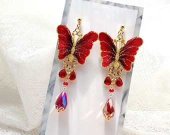 Red Butterfly Drop Earrings, Korean Traditional & Modern Hanbok Accessory, Decorative Ornament Earrings for Women