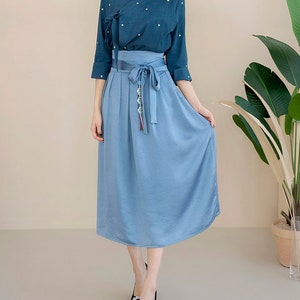 Hanbok Women Elastic Waistband Satin Skirt, Korean Modern Hanbok Skirt Casual Party Dress Clothing for Women, Modernized Daily Hanbok Skirt