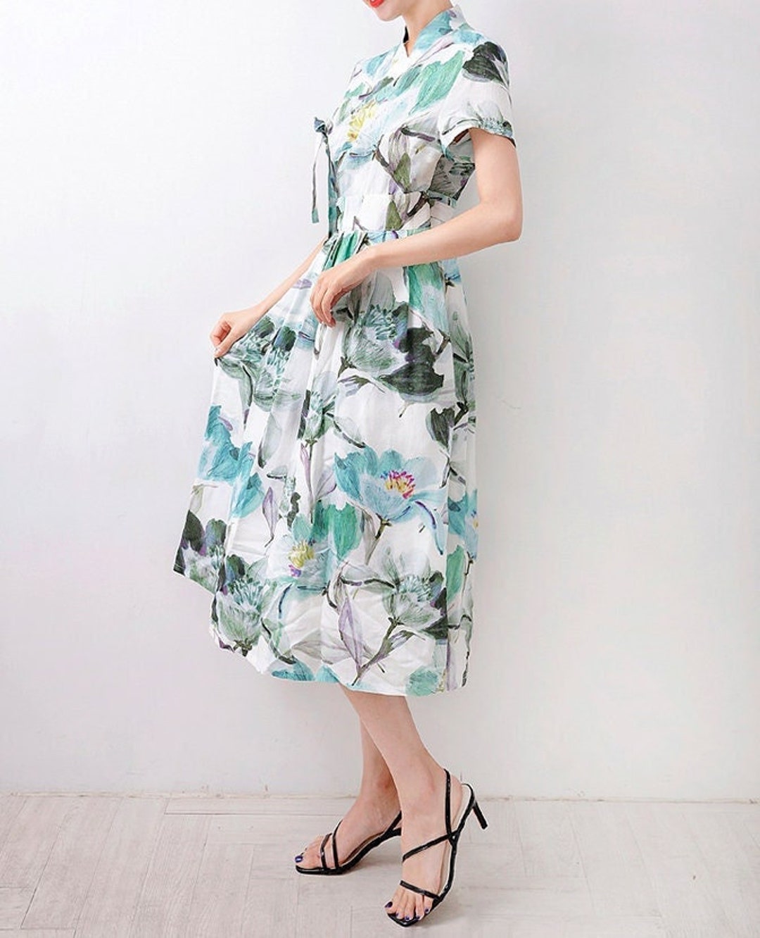Hanbok Women Dress, Korean Modern Hanbok Wrap Style Flower Pattern Midi ...