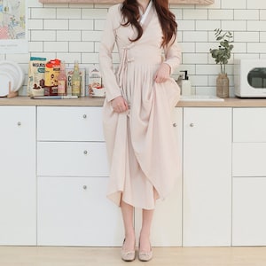Hanbok Women Dress, Korean Modern Hanbok Wrap Style Dress, Korea Modernized Daily Casual Party Hanbok Dress in Beige Color