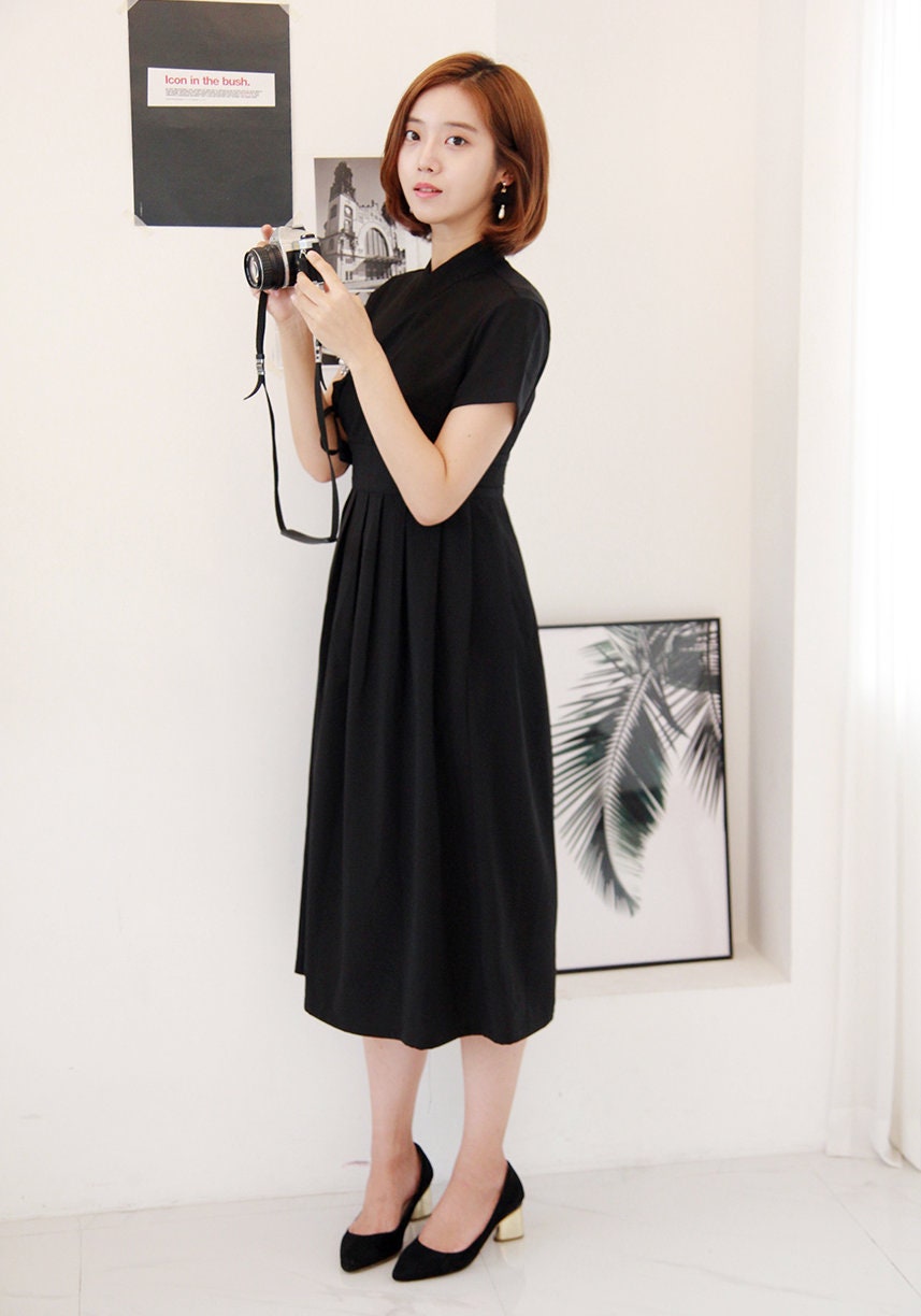 Hanbok Women Dress, Korean Modern Hanbok Wrap Style Short Sleeve Dress, Korea Modernized Daily Casual Party Hanbok Dress Black Color
