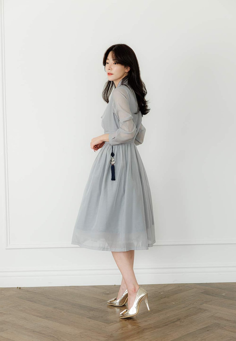 Hanbok Women See Through Sleeve Dress, Korean Modern Hanbok Wrap Style