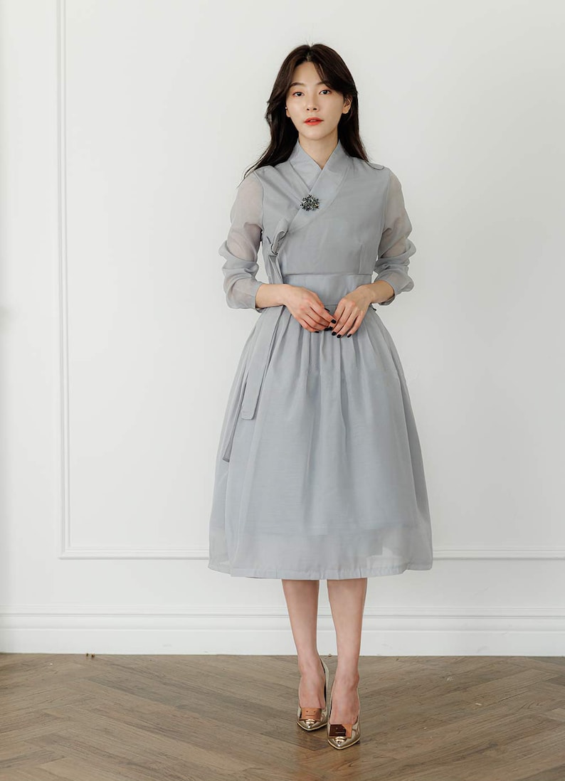 Hanbok Women See Through Sleeve Dress, Korean Modern Hanbok Wrap Style