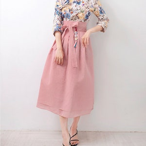 Hanbok Women Elastic Waistband Skirt, Korean Modern Hanbok Skirt Casual Party Dress Clothing for Women, Modernized Daily Hanbok Ramie Skirt