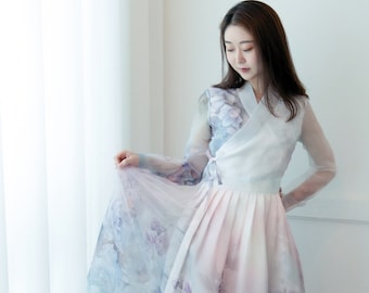 Hanbok Women Dress, Korean Modern Hanbok Wrap Style See Through Sleeve Long Dress, Korea Modernized Party Hanbok Dress, Wedding Dress