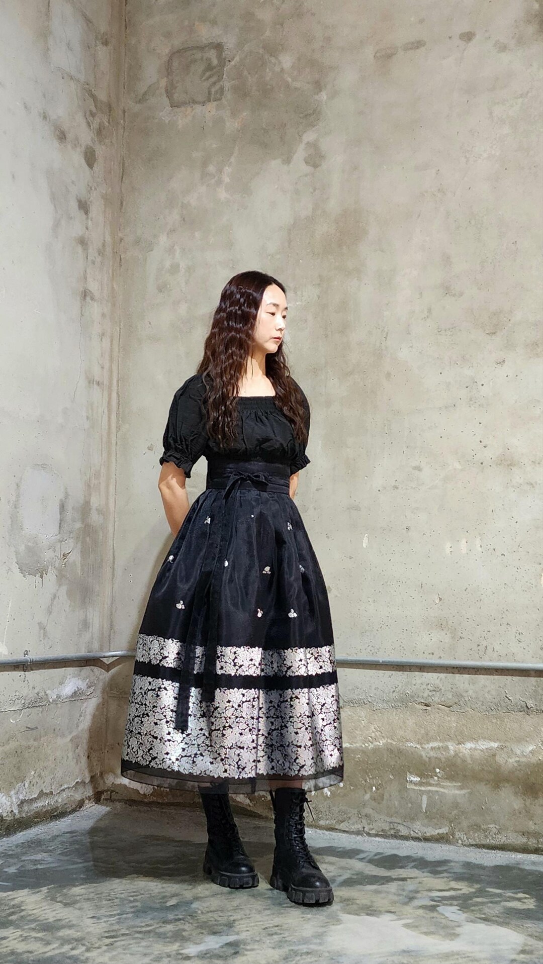 Hanbok Women Black Silver Foil Wrap Skirt – Elegant Modern Hanbok