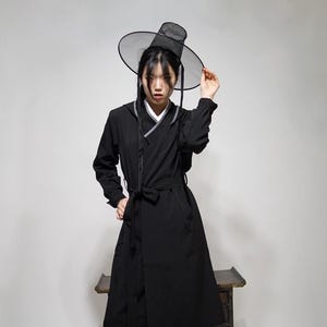 Hanbok Hooded Durumagi Jacket for Women, Korean Modern Hanbok Coat with Belt, Black Hooded Wrap Outerwear
